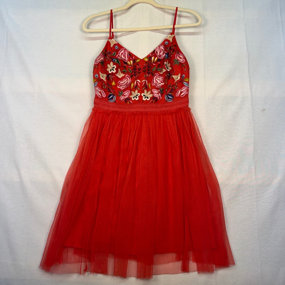 French Connection  Coral Red Tulle Floral Embroidered Mini Dress Size 6 71JQF